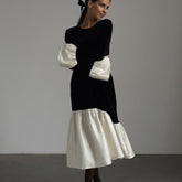 Korean Velvet French Stitching round Neck Flared Sleeves Dress Loose